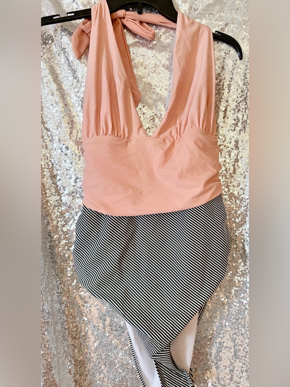 Cupshe Peach Halter One-Piece Swimsuit with Black & White Stripe bottom